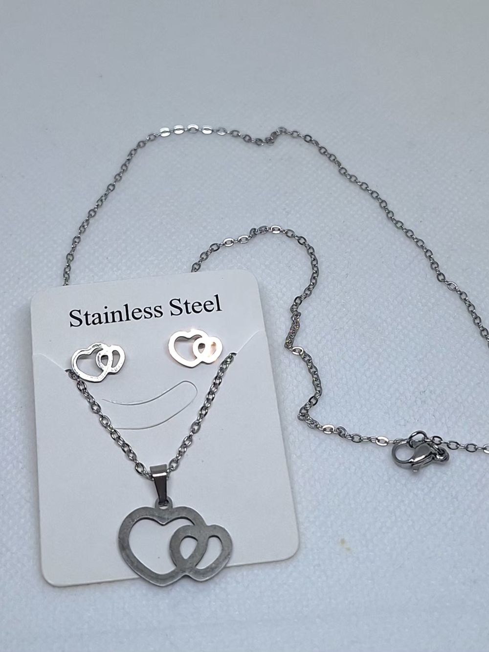 Stainless Steel Double Heart Necklace and Earring Set - Silver